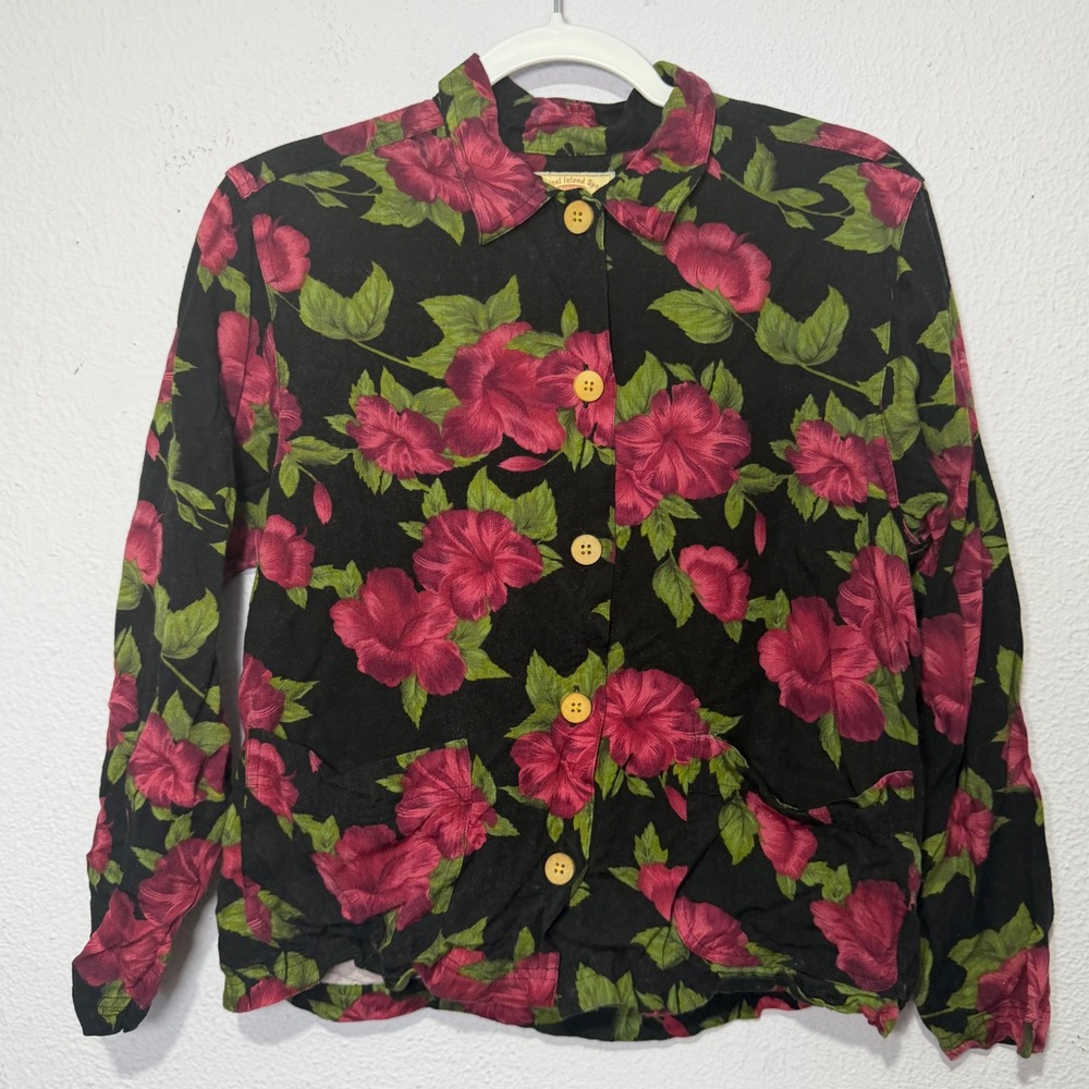 Vintage Original Island Floral Button Down Shirt S Black  Cottagecore Coquette